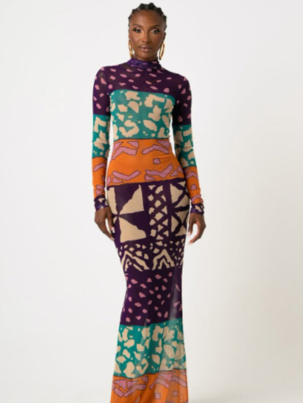 Long Sleeve Multicolor Patchwork Mesh Maxi Dress Sheer Long Sleeve Mock Neck